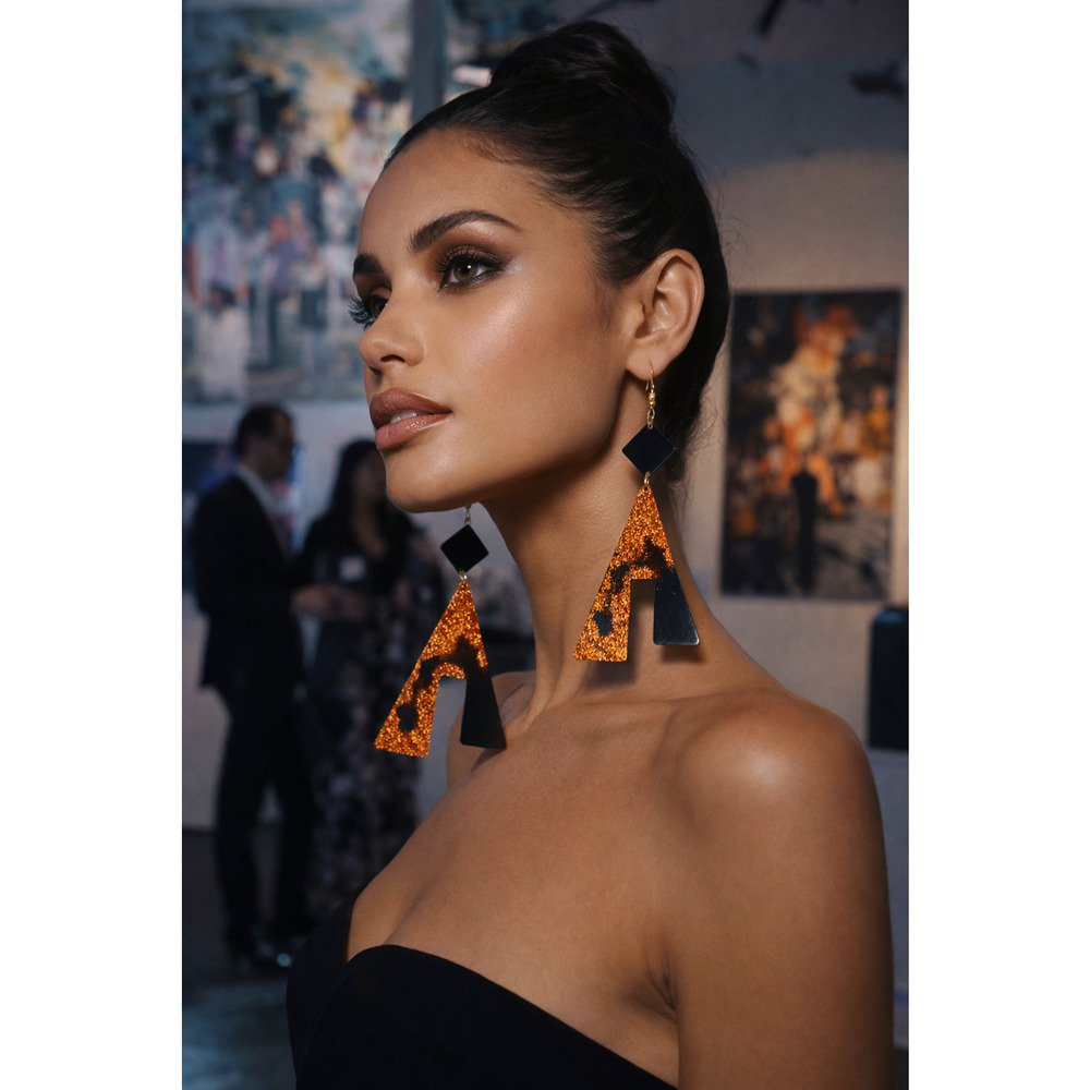 Vintage Y2K Acrylic Statement Earrings Black Copper Glitter Geometric Dangle